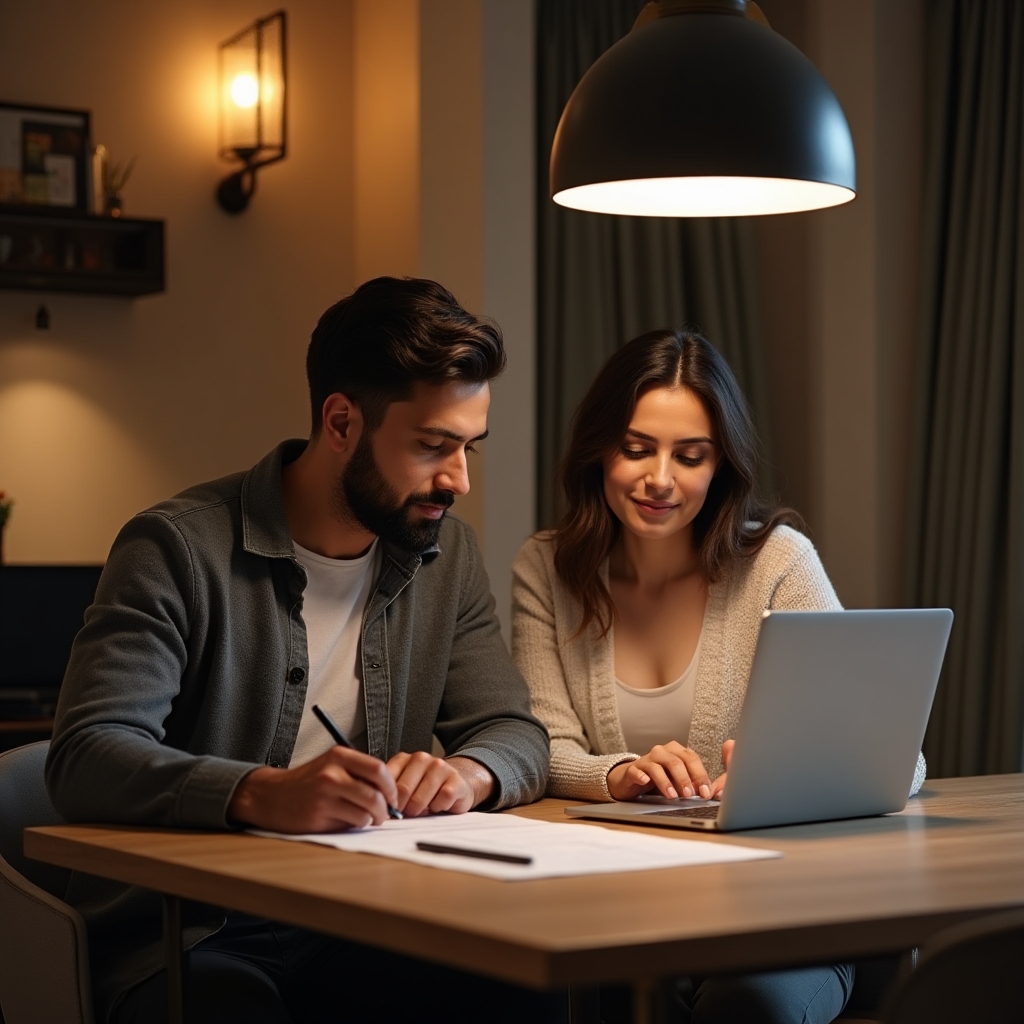 Family reviewing financial planning documents together in a comfortable home setting