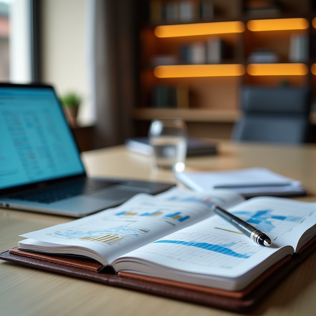 Financial planning workspace with documents and charts